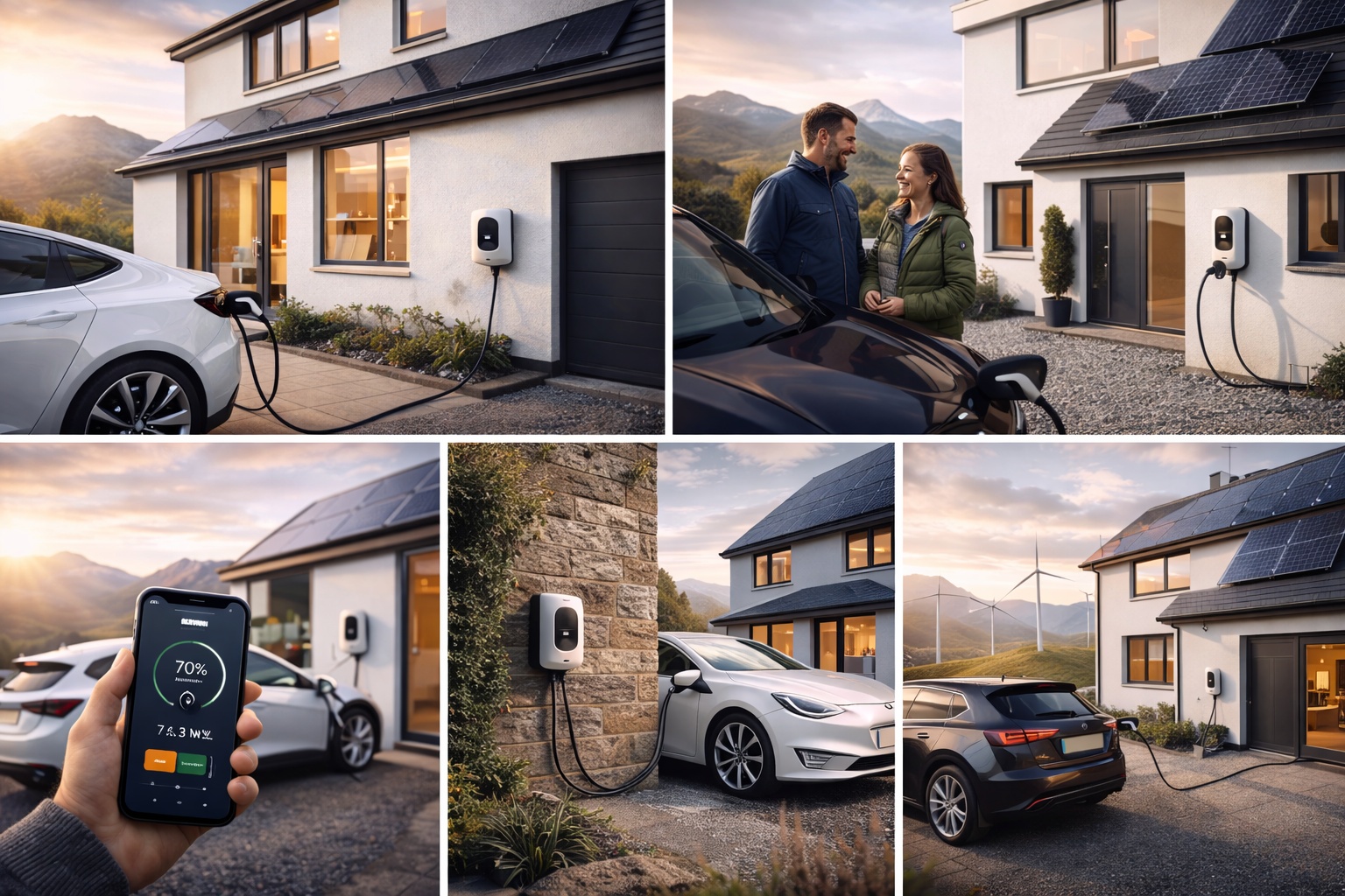 EV Charger Installation Scotland with Solar Integration Smart EV charger installation at Scottish home with electric vehicle and solar panels