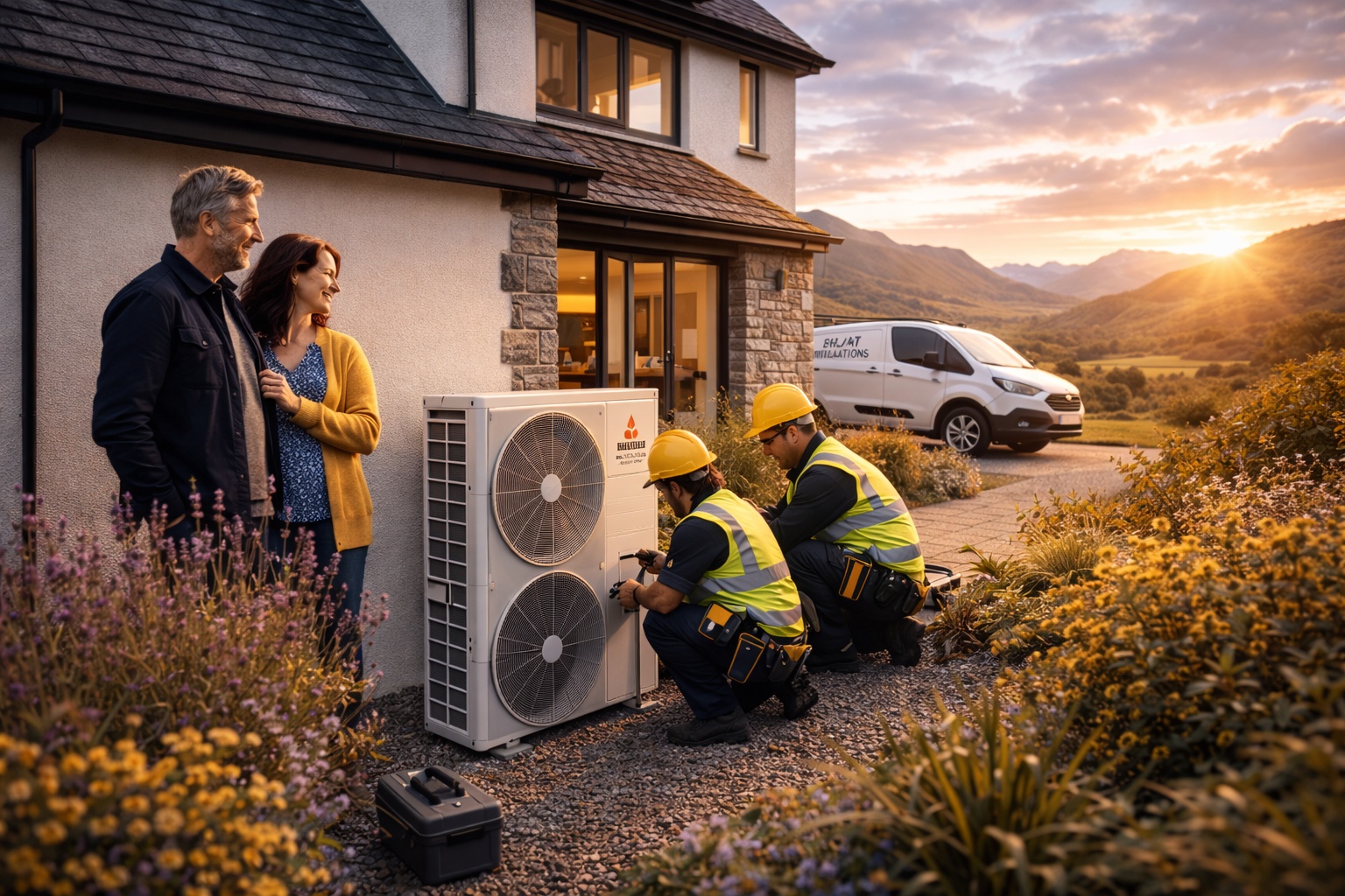Air Source Heat Pump Installation Scotland Heat pump installation by certified engineers at Scottish stone cottage with branded van