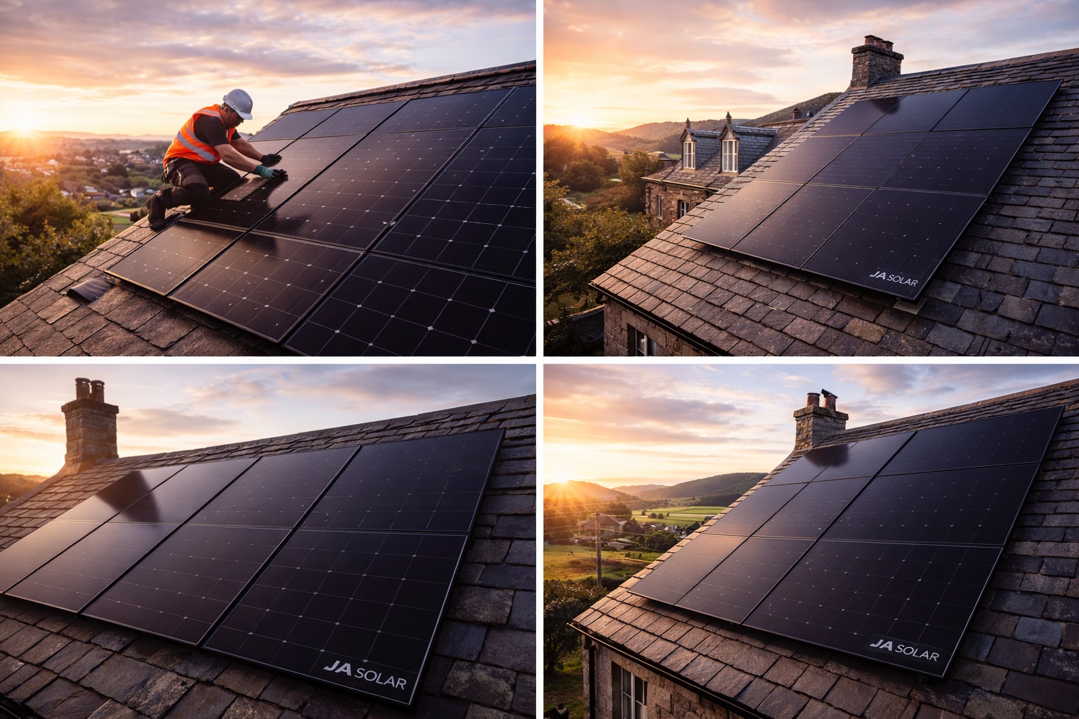 Premium JA Solar Panel Installation Scotland JA Solar black on black panels installed on Scottish slate roof with installer working