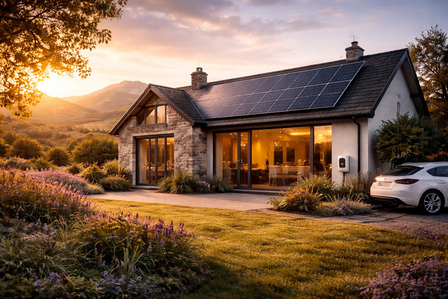 Solar Panel Installation on Traditional Scottish Home Scottish stone cottage with solar panels on slate roof at sunset in Highland landscape